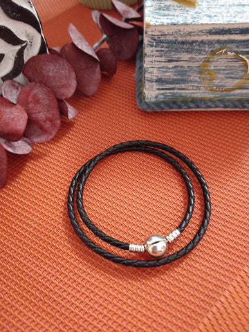 Pulsera Plata Cuero Negra Hombre