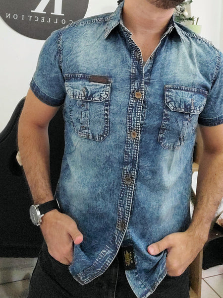 Camisa Manga Corta Tipo Jean - Celeste Moteado K61