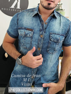 Camisa Manga Corta Tipo Jean - Celeste Moteado K61